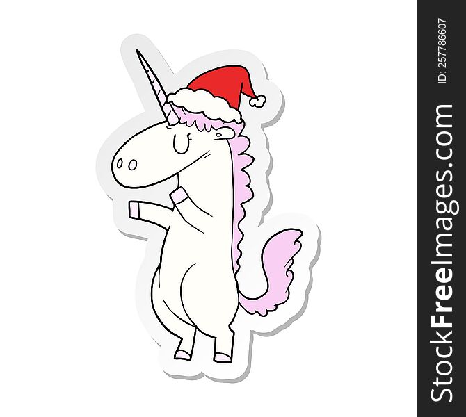 hand drawn sticker cartoon of a unicorn wearing santa hat