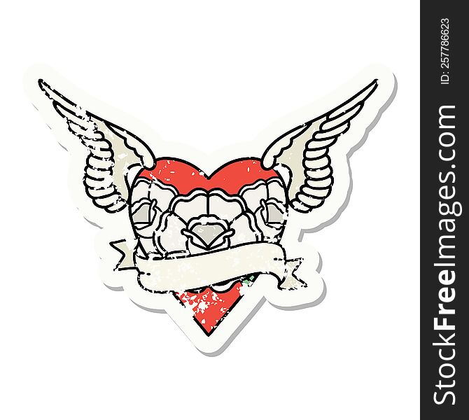 Traditional Distressed Sticker Tattoo Of A Heart With Wings Flowers And Banner