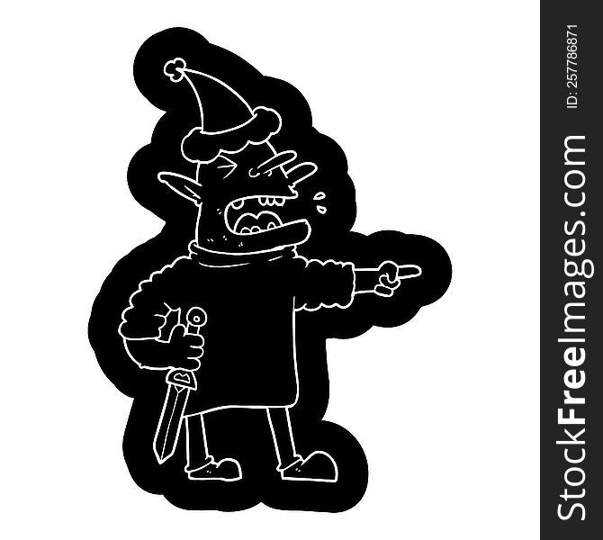quirky cartoon icon of a goblin with knife wearing santa hat