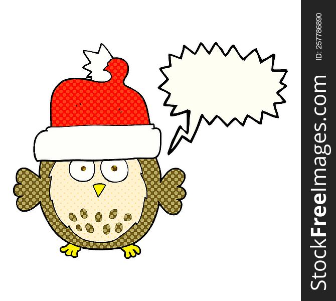 freehand drawn comic book speech bubble cartoon owl wearing christmas hat