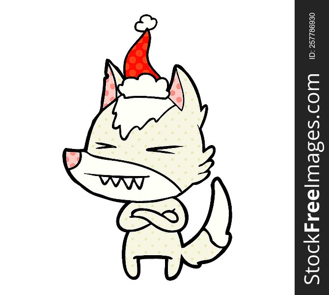 angry wolf hand drawn comic book style illustration of a wearing santa hat. angry wolf hand drawn comic book style illustration of a wearing santa hat