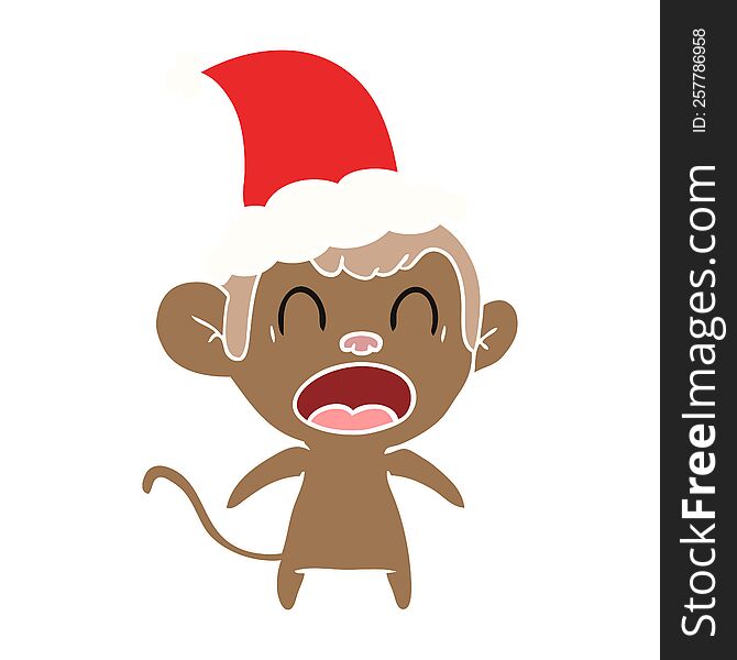 shouting hand drawn flat color illustration of a monkey wearing santa hat. shouting hand drawn flat color illustration of a monkey wearing santa hat