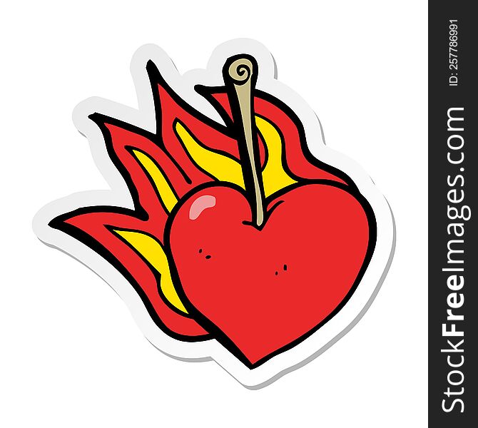 sticker of a cartoon flaming heart cherry