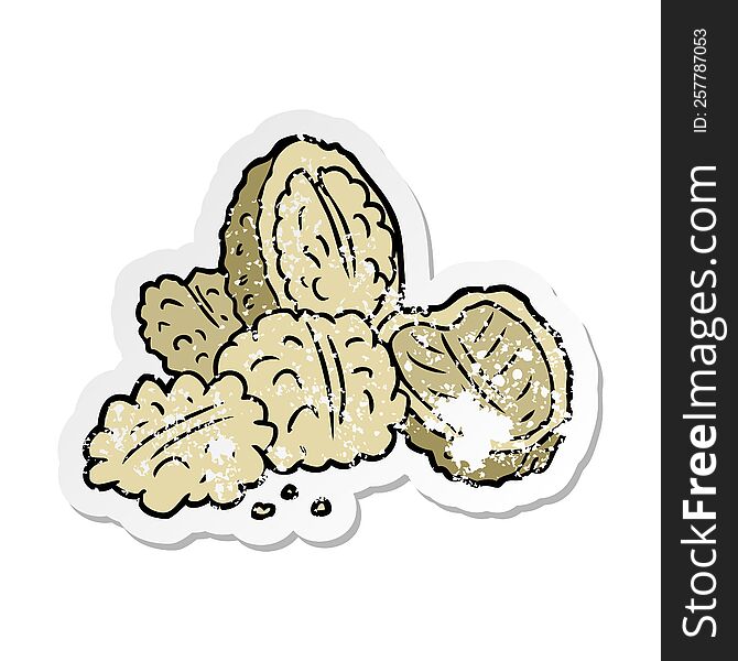 distressed sticker of a cartoon walnuts