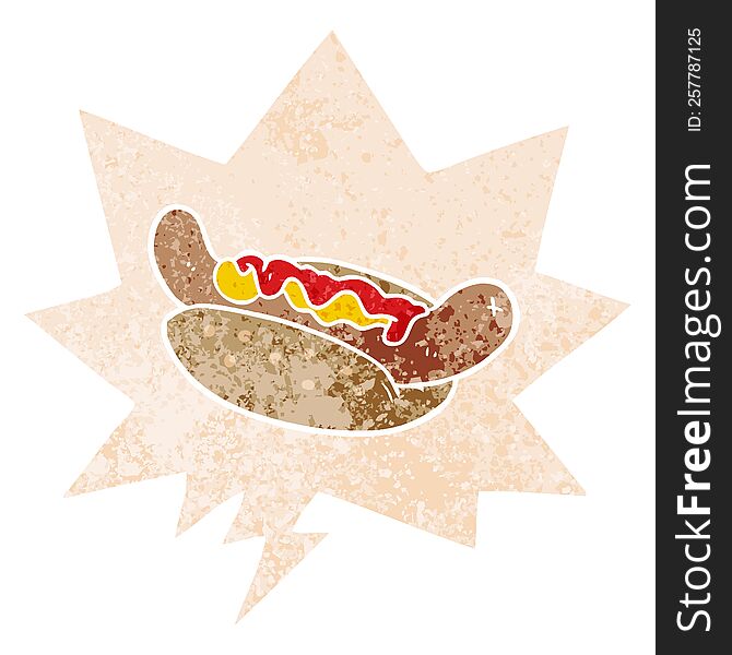 Cartoon Hot Dog And Speech Bubble In Retro Textured Style