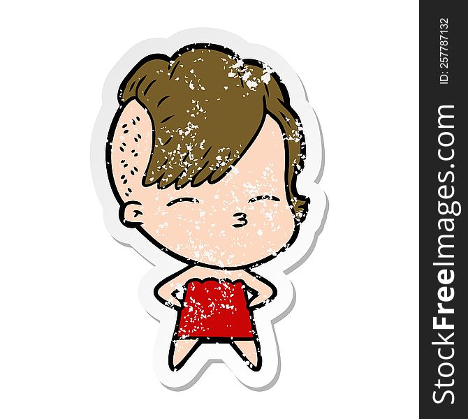 distressed sticker of a cartoon squinting girl in dress