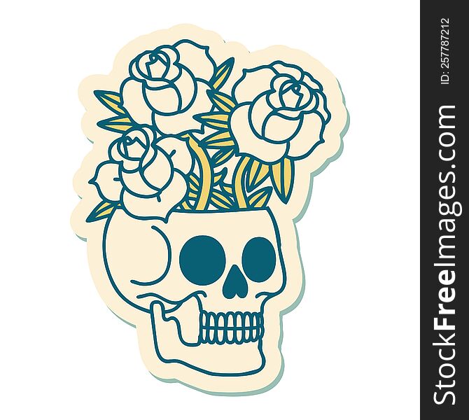 sticker of tattoo in traditional style of a skull and roses. sticker of tattoo in traditional style of a skull and roses