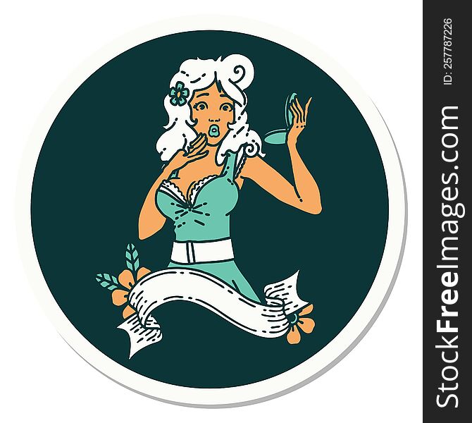 Tattoo Style Sticker Of A Pinup Surprised Girl With Banner