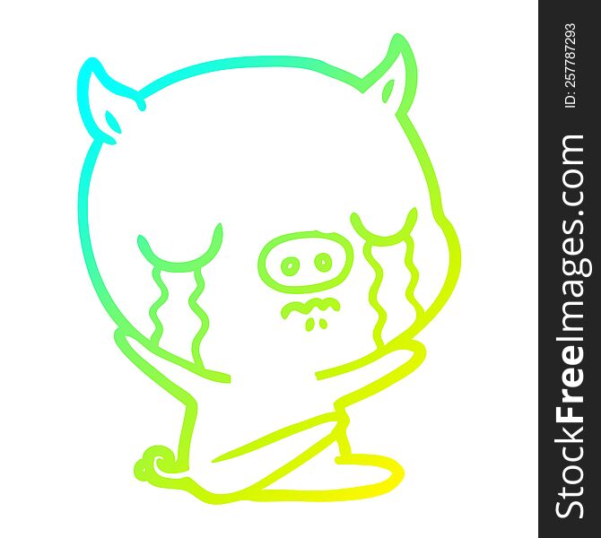 Cold Gradient Line Drawing Cartoon Sitting Pig Crying