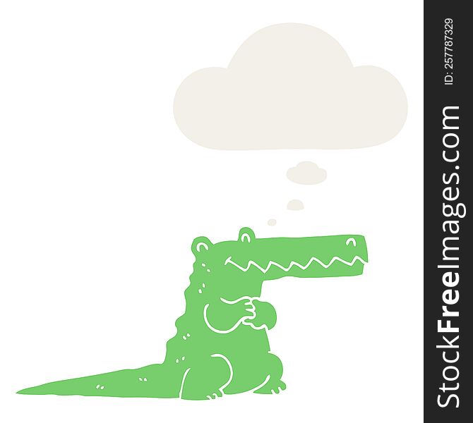 cartoon crocodile with thought bubble in retro style