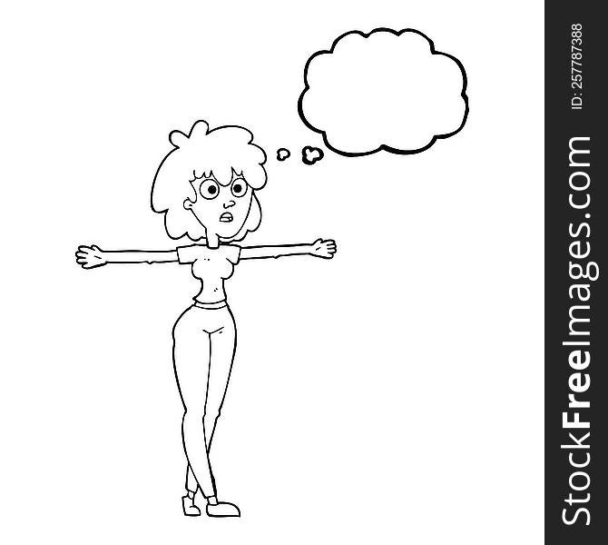 freehand drawn thought bubble cartoon woman spreading arms