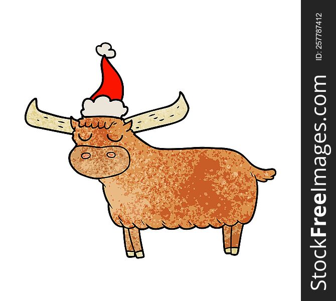 hand drawn textured cartoon of a bull wearing santa hat
