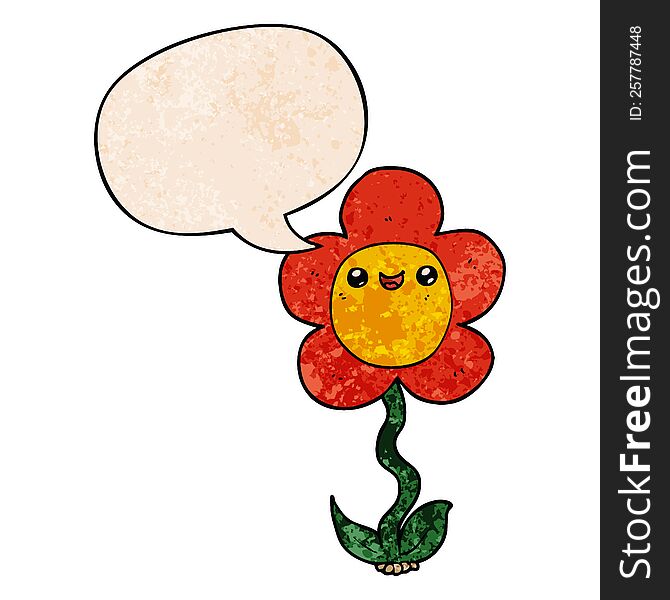 cartoon flower with speech bubble in retro texture style