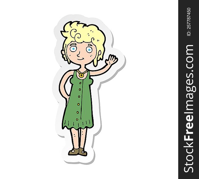 sticker of a cartoon hippie woman waving