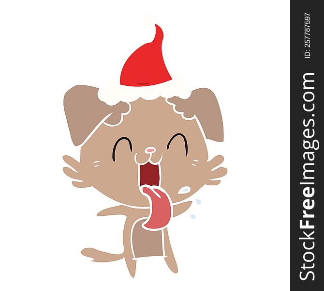 Flat Color Illustration Of A Panting Dog Wearing Santa Hat