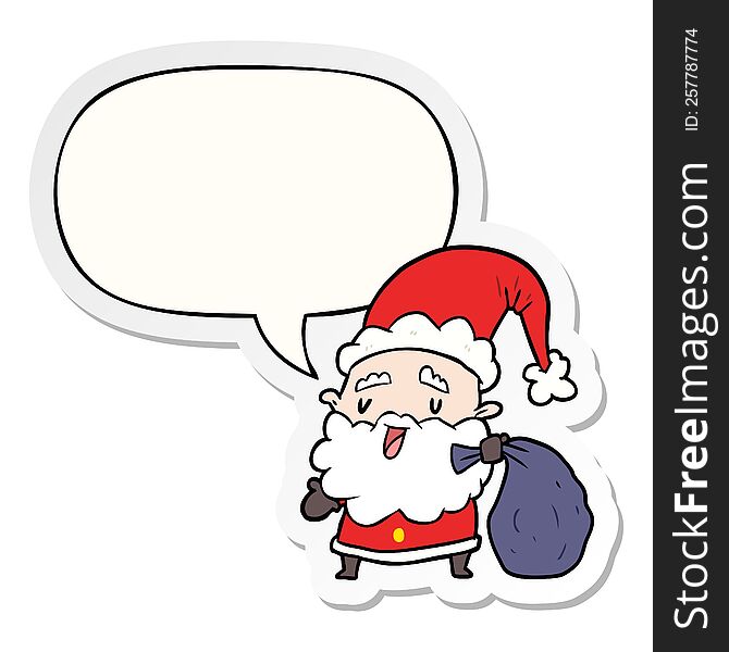 cartoon santa claus carrying sack of presents with speech bubble sticker