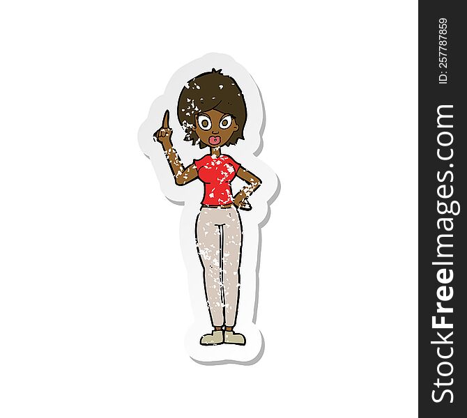 retro distressed sticker of a cartoon woman explaining her point