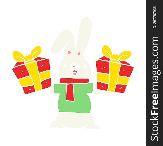 Flat Color Style Cartoon Rabbit With Christmas Presents