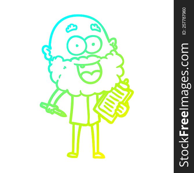 cold gradient line drawing cartoon crazy happy man with beard and clip board for notes