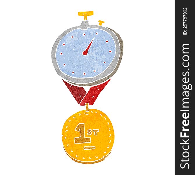 freehand retro cartoon stopwatch and medal