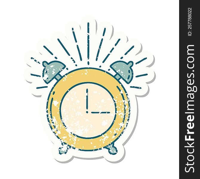worn old sticker of a tattoo style ringing alarm clock. worn old sticker of a tattoo style ringing alarm clock