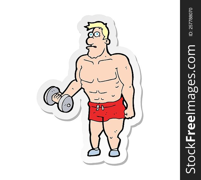 sticker of a cartoon man lifting weights