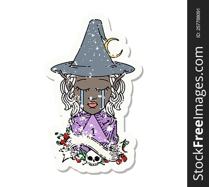 Crying Elf Mage Character Face With Natural One D20 Roll Illustration