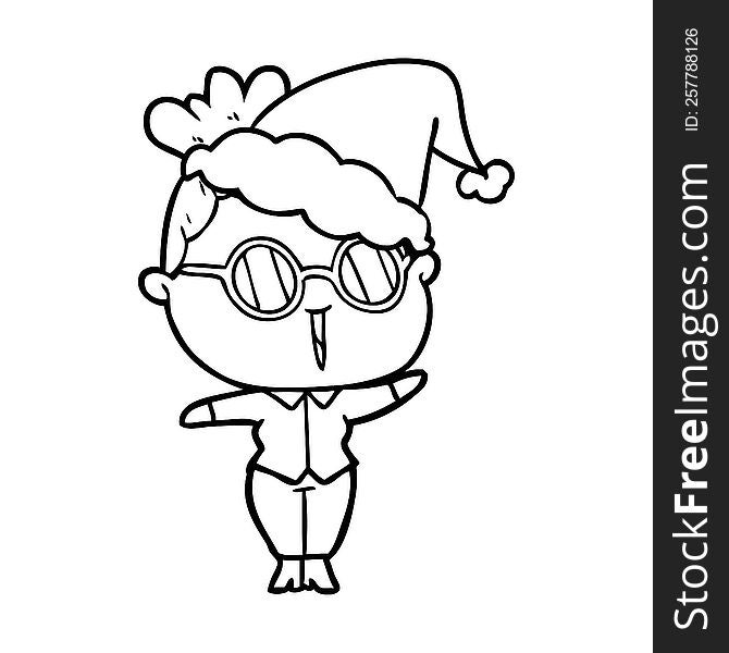 line drawing of a woman wearing spectacles wearing santa hat