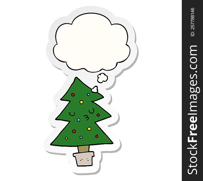 cartoon christmas tree with thought bubble as a printed sticker