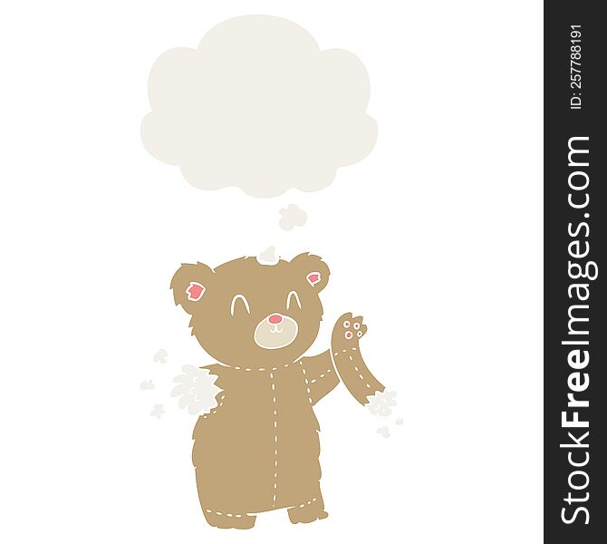 cartoon teddy bear with torn arm and thought bubble in retro style