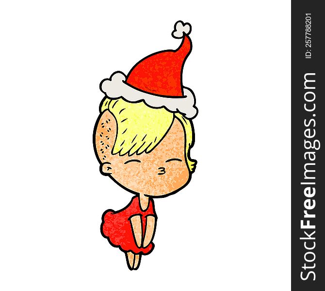 Textured Cartoon Of A Squinting Girl In Dress Wearing Santa Hat