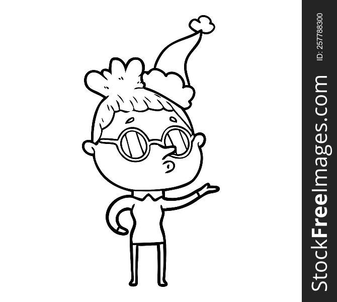 hand drawn line drawing of a woman wearing glasses wearing santa hat