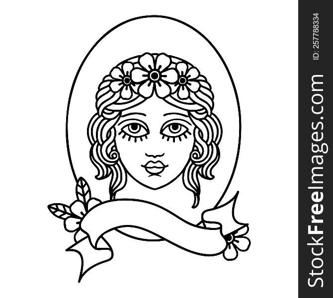 traditional black linework tattoo with banner of a maiden with flowers in her hair