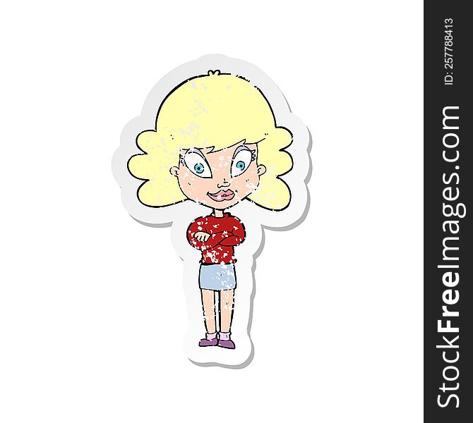 Retro Distressed Sticker Of A Cartoon Happy Woman With Folded Arms