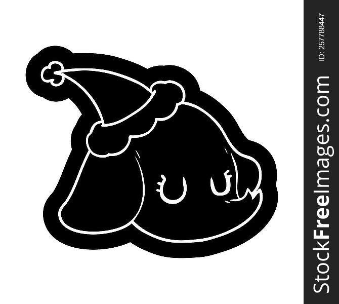 quirky cartoon icon of a elephant face wearing santa hat