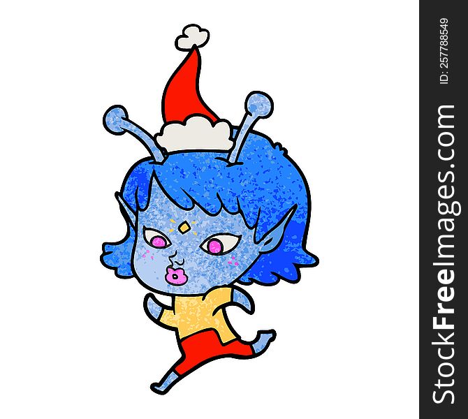 pretty hand drawn textured cartoon of a alien girl running wearing santa hat
