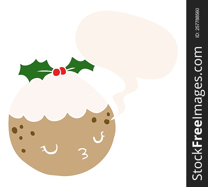 cute cartoon christmas pudding with speech bubble in retro style