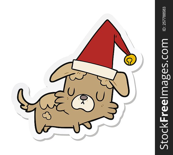 Sticker Of A Cartoon Dog In Christmas Hat