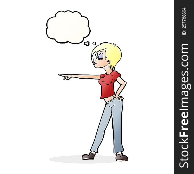 Cartoon Hip Woman Pointing With Thought Bubble