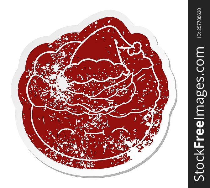 quirky cartoon distressed sticker of a cabbage wearing santa hat