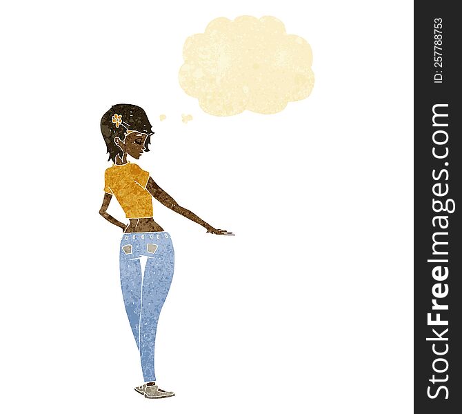 cartoon pretty girl in jeans and tee with thought bubble