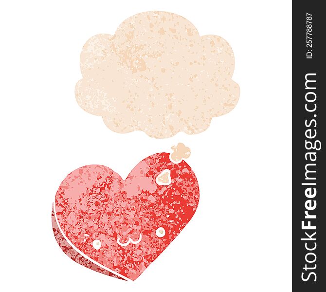Cartoon Love Heart With Face And Thought Bubble In Retro Textured Style