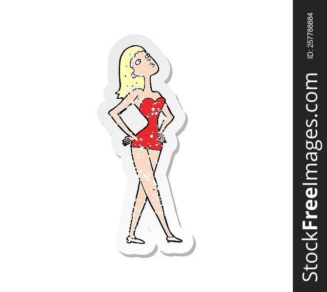 retro distressed sticker of a cartoon woman in party dress