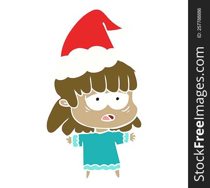 hand drawn flat color illustration of a tired woman wearing santa hat