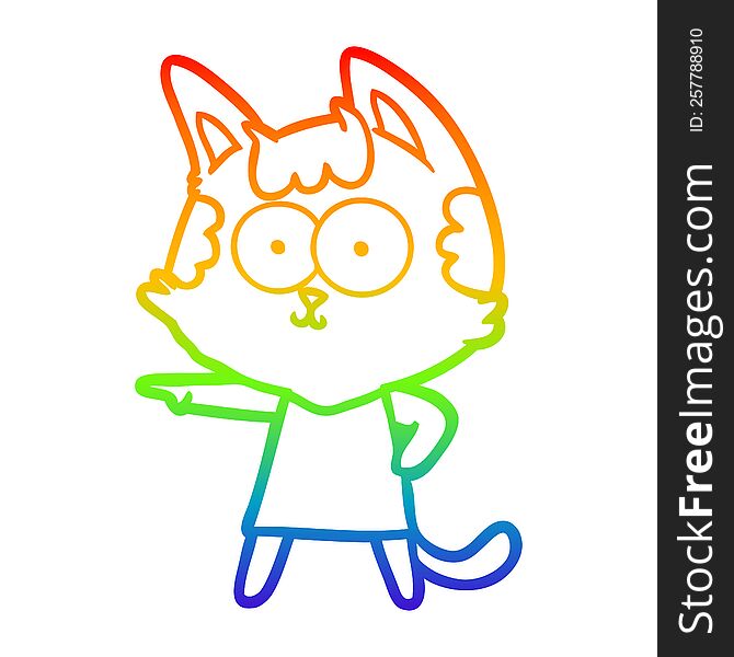 Rainbow Gradient Line Drawing Happy Cartoon Cat In Dress Pointing