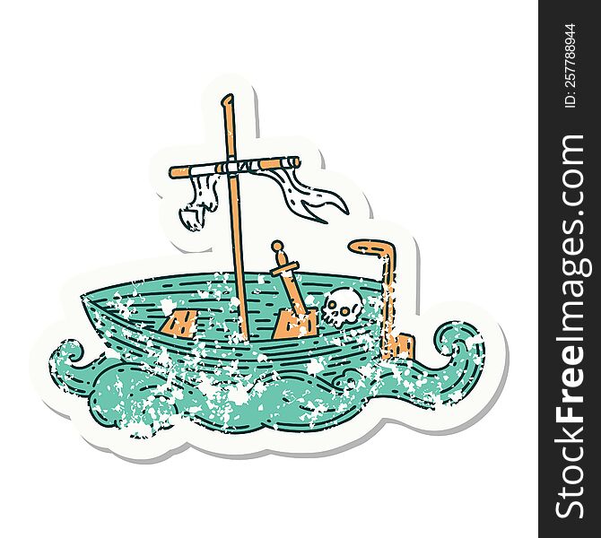 worn old sticker of a tattoo style empty boat with skull. worn old sticker of a tattoo style empty boat with skull