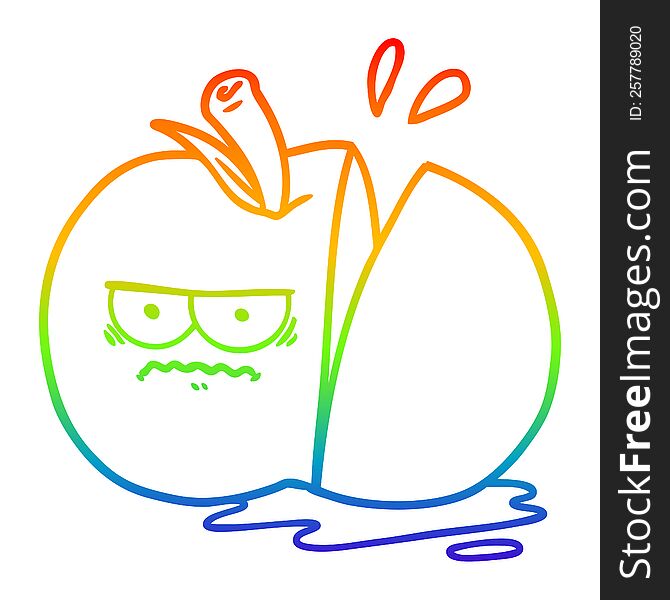 rainbow gradient line drawing of a cartoon angry sliced apple