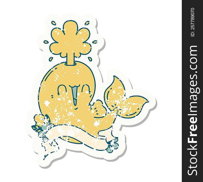 worn old sticker of a tattoo style happy squirting whale character. worn old sticker of a tattoo style happy squirting whale character