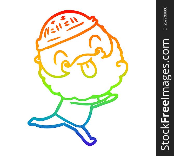 rainbow gradient line drawing of a running man with beard sticking out tongue