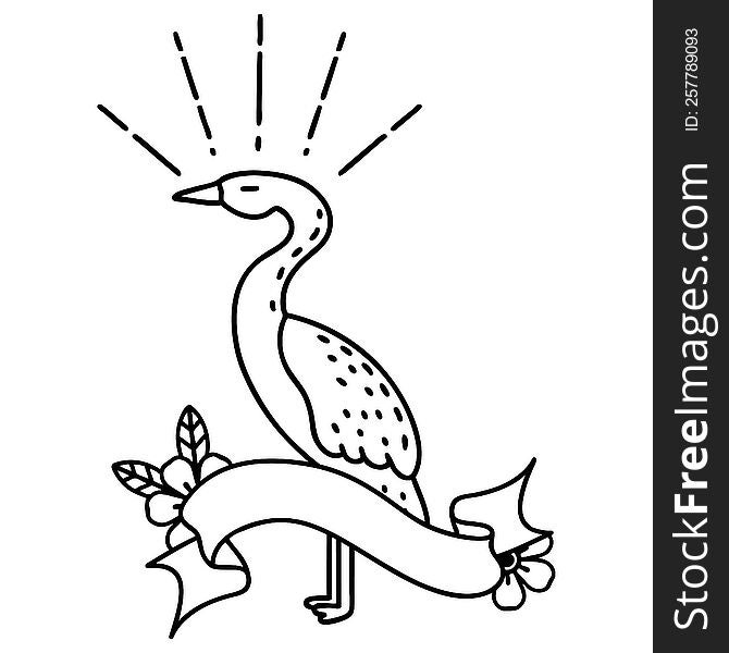 scroll banner with black line work tattoo style standing stork